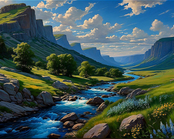 Winding River in Lush Valley with Vibrant Hills