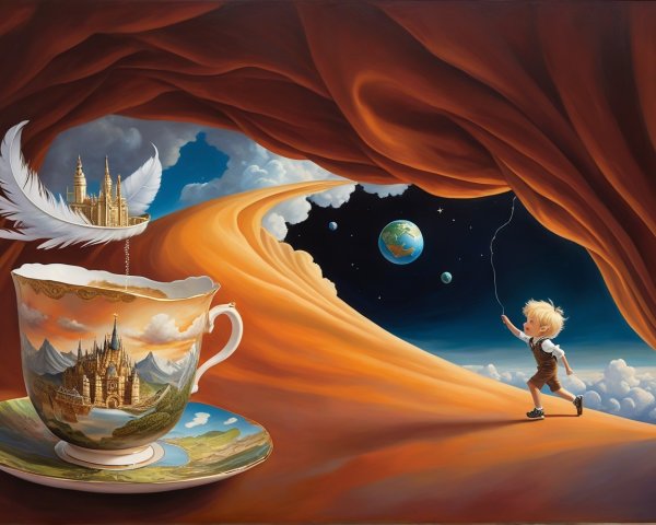 Surreal Cave Landscape with Teacup and Feather