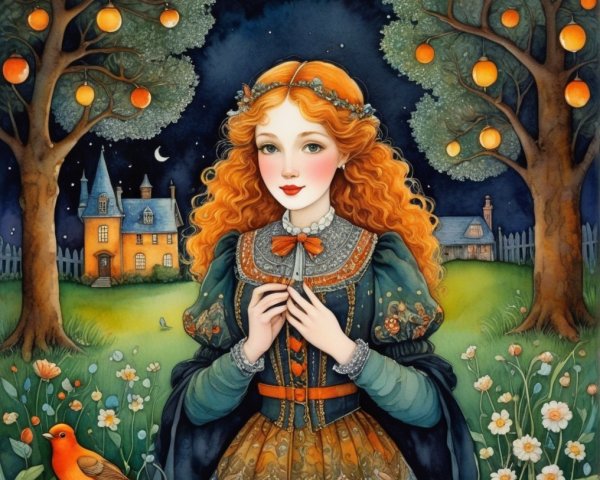 Young woman in historical gown in whimsical garden