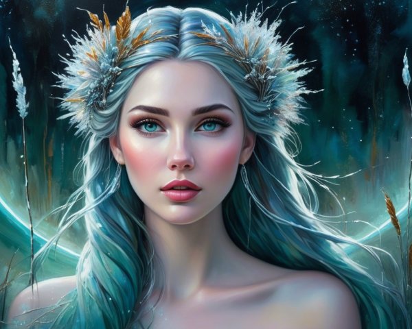 Digital Portrait of a Woman with Teal Hair and Halo