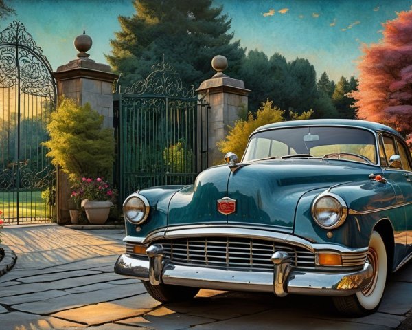 Vintage teal car on a cobblestone driveway with gardens