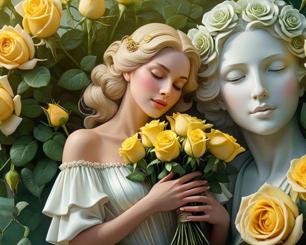 Serene Woman with Yellow Roses and Marble Statue