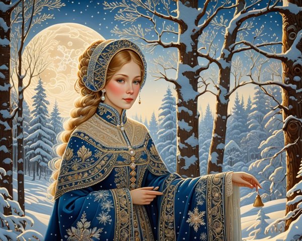 Young Woman in Ornate Gown in Snowy Forest at Night