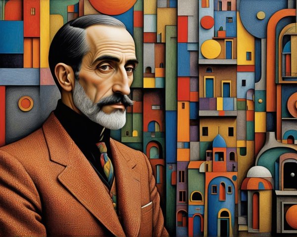 Realistic Oil Painting of Older Man in Abstract Setting