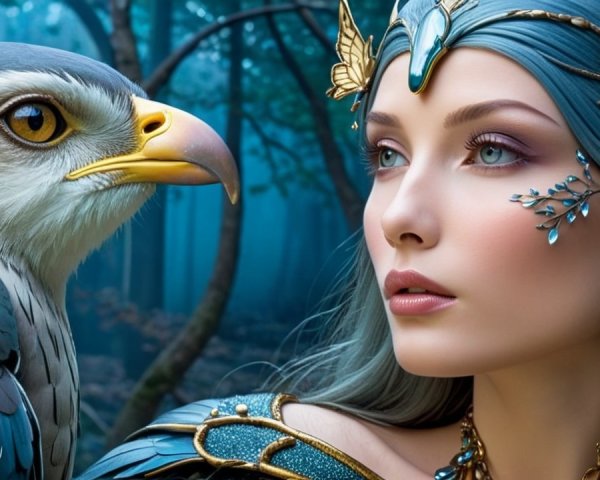 Mystical Forest Scene with Woman and Bird of Prey