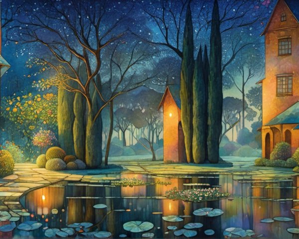 Charming Night Scene with Houses and Tranquil Pond