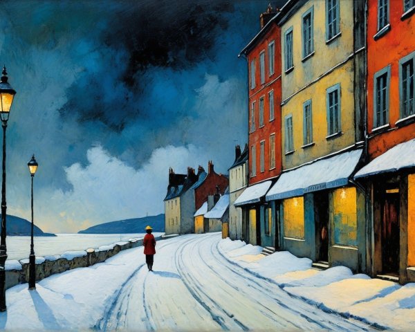 Winter Village Night Scene with Illuminated Buildings