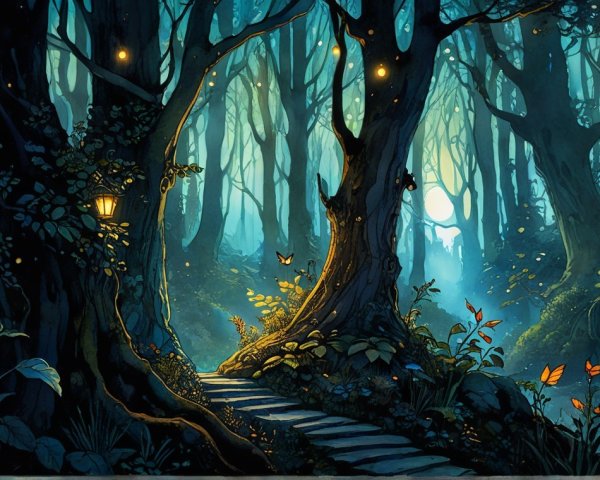 Magical forest scene with ancient trees and glowing orbs