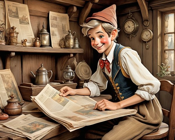Vintage Workshop Scene with a Young Boy Reading