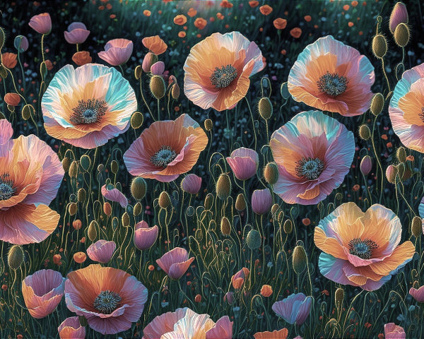 Vibrant Poppy Field with Intricate Petals and Buds