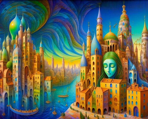 Surreal Vibrant Cityscape with Dreamlike Elements