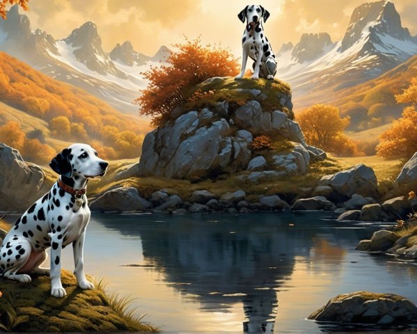 Dalmatians in Autumn Landscape by Tranquil Lake