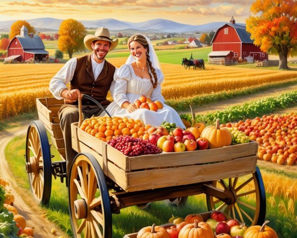 Couple in Wooden Cart Surrounded by Autumn Harvest