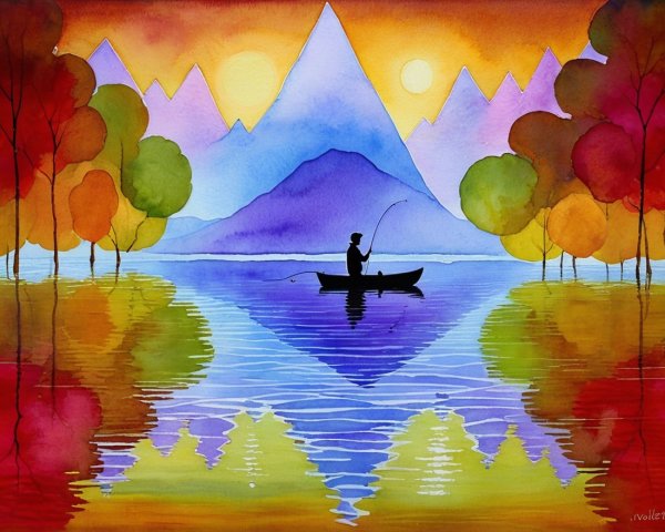 Watercolor Landscape with Lake and Fisherman Scene