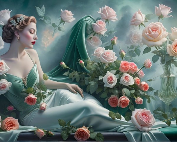 Serene Woman in Green Gown Surrounded by Roses