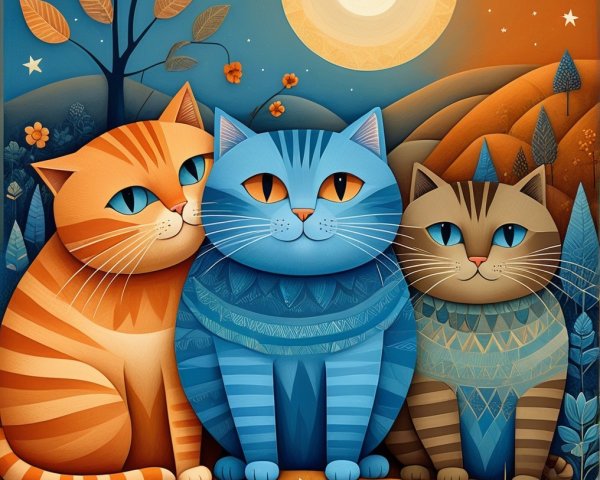 Whimsical Cats Under a Glowing Moon with Flowers