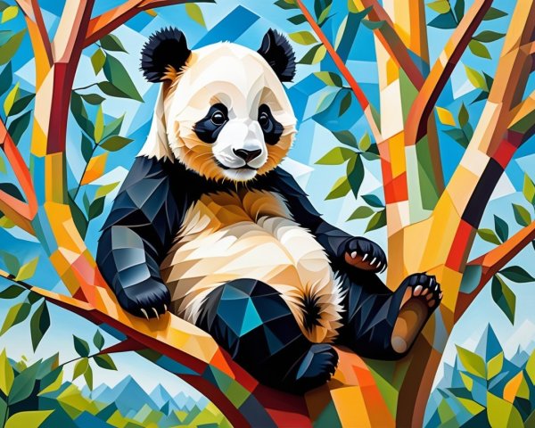 Geometric Illustration of a Panda on a Colorful Branch