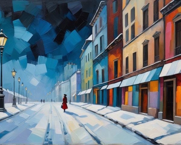 Impressionistic Winter Streetscape with Moonlit Snow