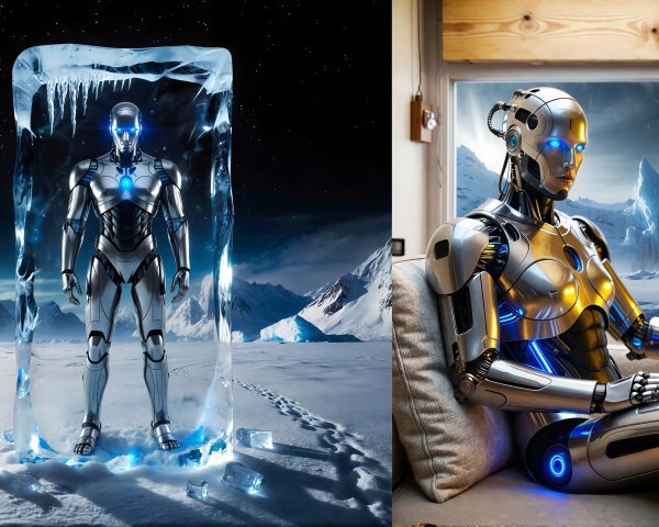 Diptych of a Robot in Ice and a Female Figure
