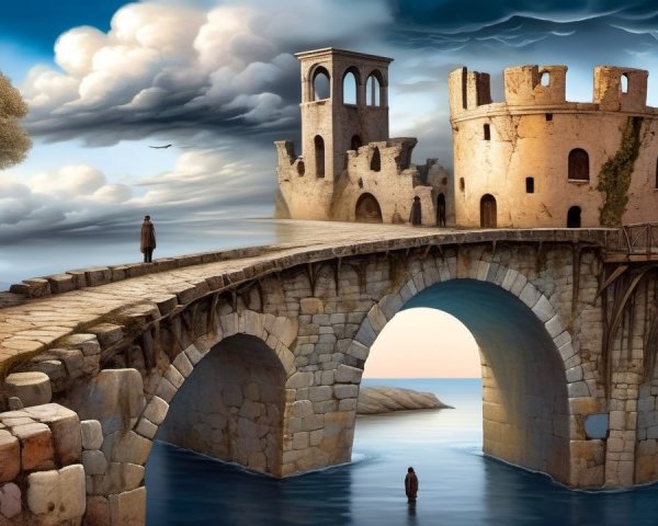 Solitary Figure on Bridge to Weathered Castle