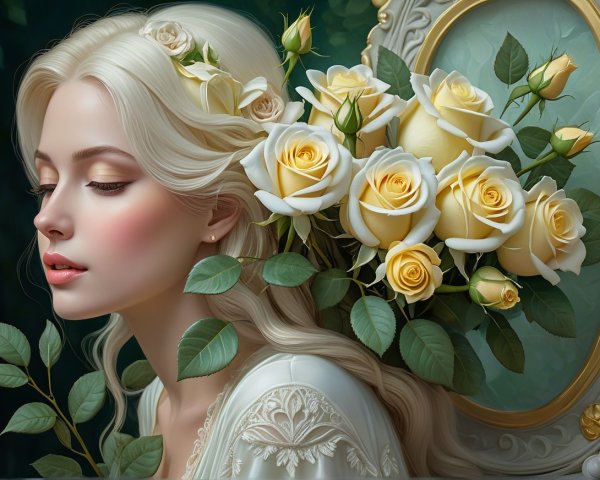 Serene Young Woman with Blonde Hair and Yellow Roses
