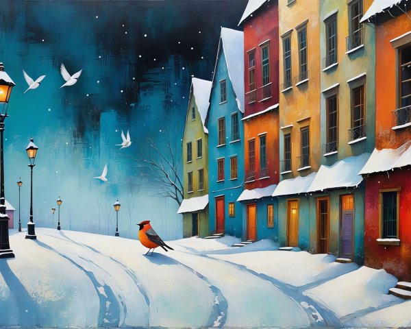 Snowy Night in a Colorful European Village Scene
