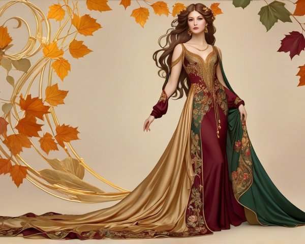 Elegant Woman in Flowing Gown Surrounded by Foliage