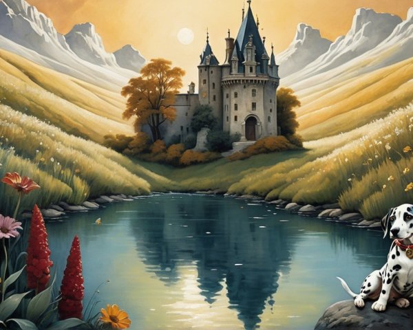Serene Lake and Castle Landscape with Vibrant Flowers