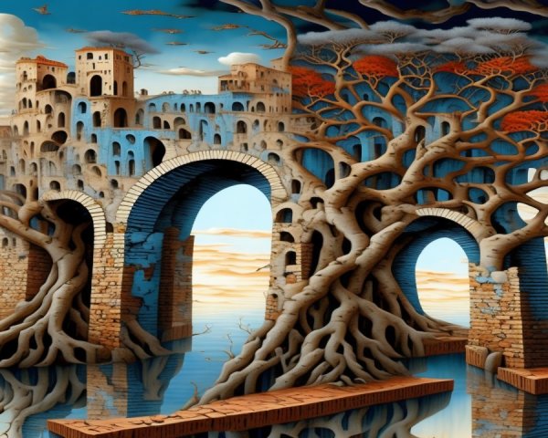 Surreal Landscape with Castles and Gnarled Trees