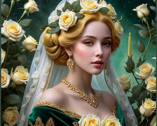 Portrait of a Woman in Green Gown with Yellow Roses