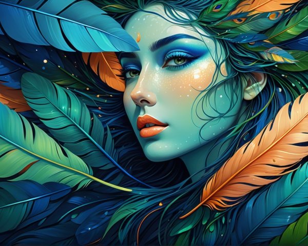 Portrait of a Woman with Vibrant Feathers and Foliage