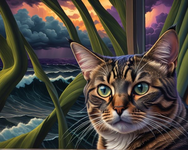 Tabby Cat Observing Stormy Ocean Scene Through Window