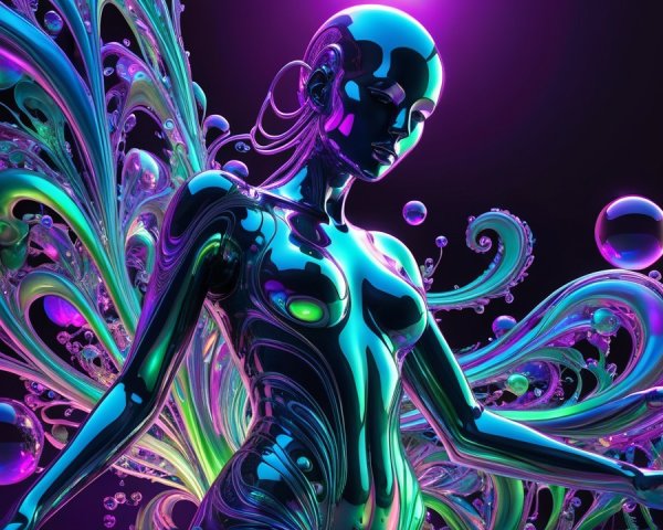 Futuristic Figure with Metallic Surface and Vibrant Patterns