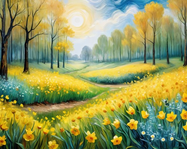 Vibrant Spring Meadow with Blooming Flowers and Trees