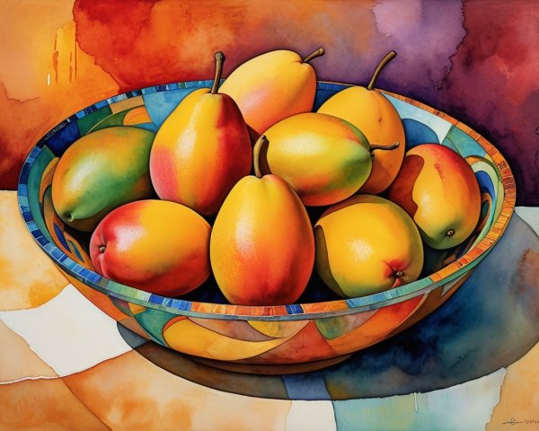 Vibrant Still Life Painting of Ripe Mangoes in Bowl