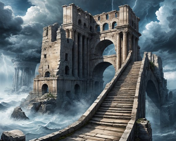Ancient Fortress and Stone Bridge Amidst Stormy Skies