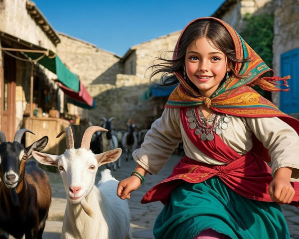 Smiling girl in vibrant village square attire running