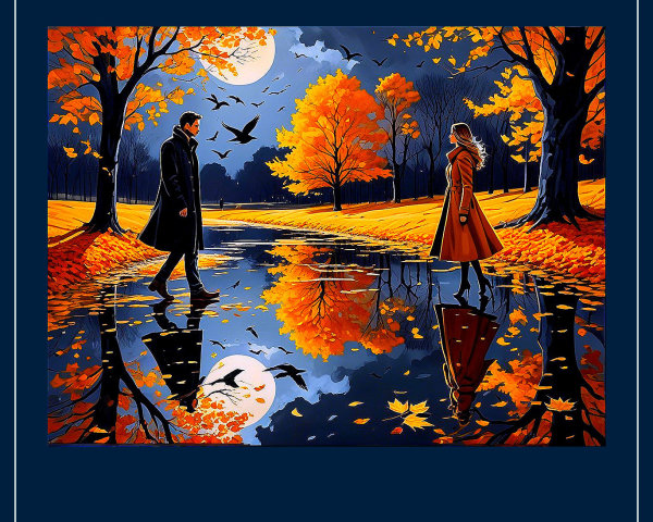 Autumn Park Scene with Man and Woman by Pond