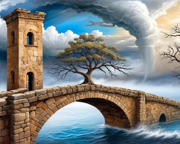 Stone Bridge Over Turbulent Sea and Ancient Towers