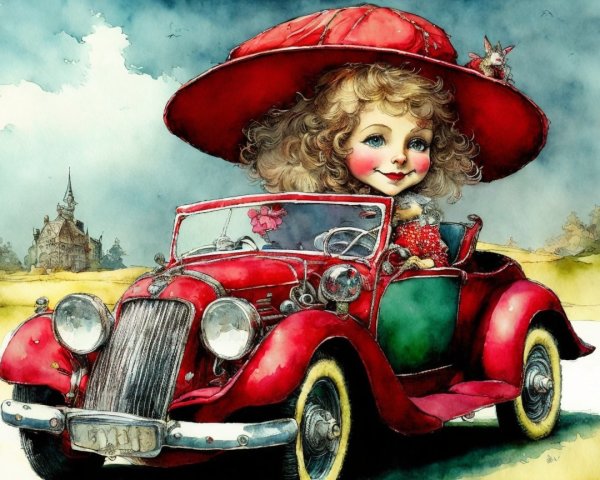 Colorful Illustration of Girl in Vintage Convertible