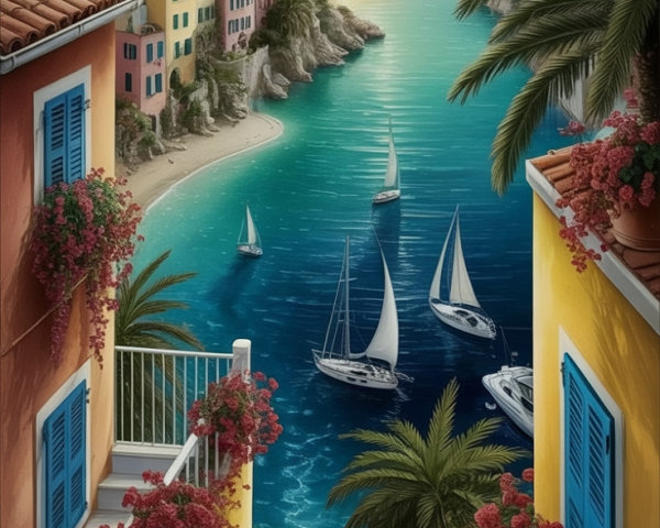 Coastal Scene with Colorful Houses and Sunset Bay