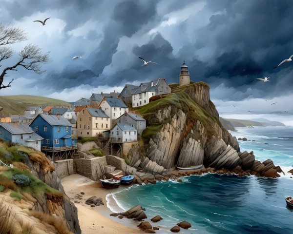 Dramatic Oil Painting of Coastal Fishing Village