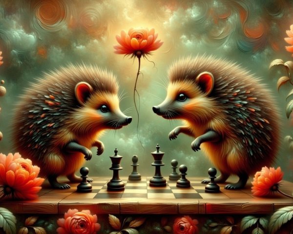 Hedgehogs Playing Chess Among Oversized Flowers
