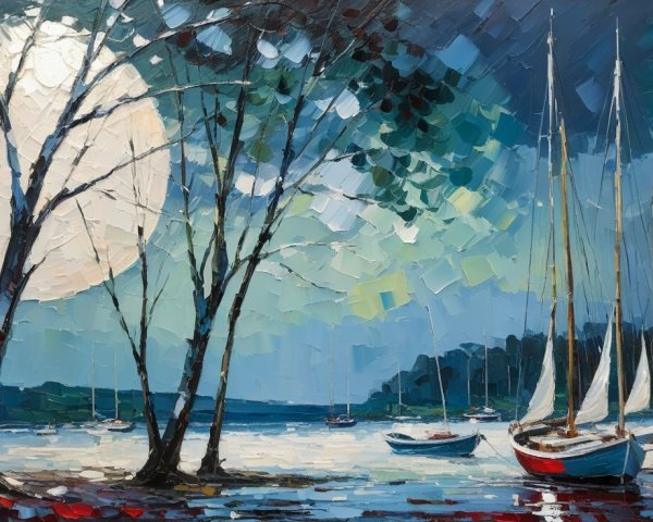 Moonlit Night Landscape with Sailboats and Trees
