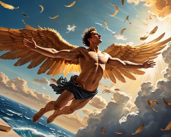 Muscular figure with golden wings above the ocean