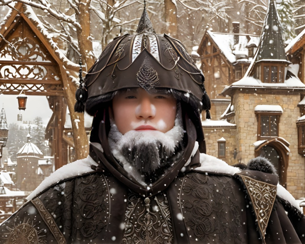 Dark Robes and Helmet in a Snowy Village Scene