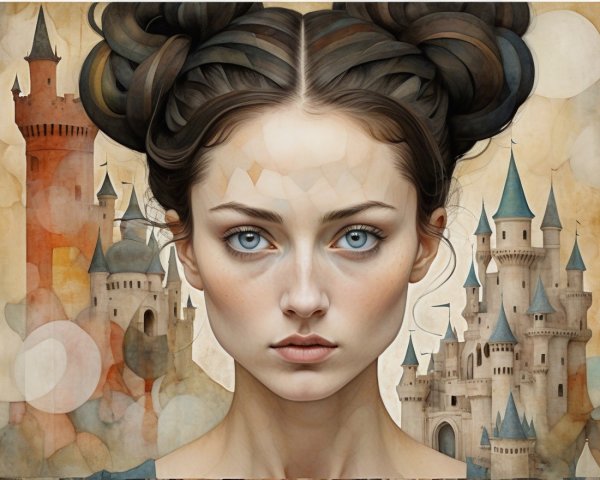 Young woman with blue eyes in a fairytale landscape