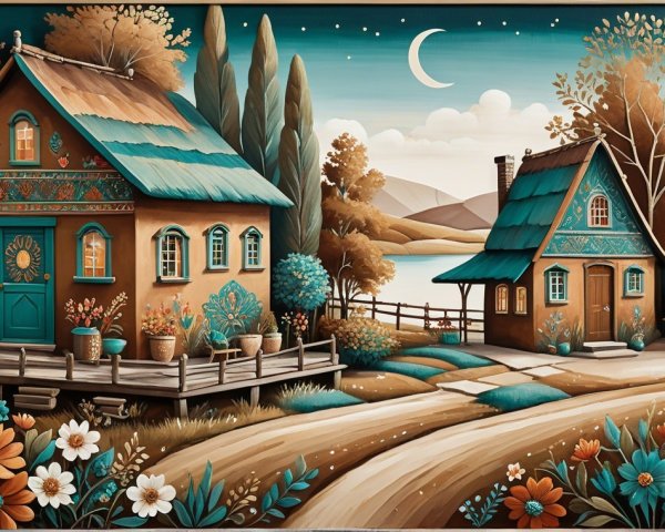Serene rural landscape with cottages and tranquil lake