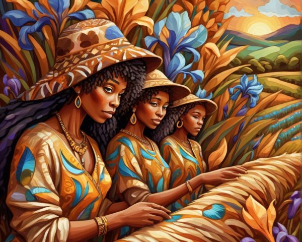 Women in Vibrant Outfits in a Lush Field at Sunset