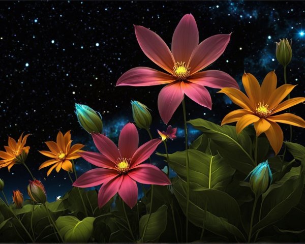 Vibrant Landscape with Oversized Flowers Under Stars
